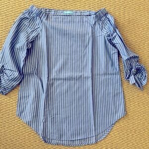 J. McLaughlin Off-the-Shoulder Top, Size XS, Blue with white stripes.